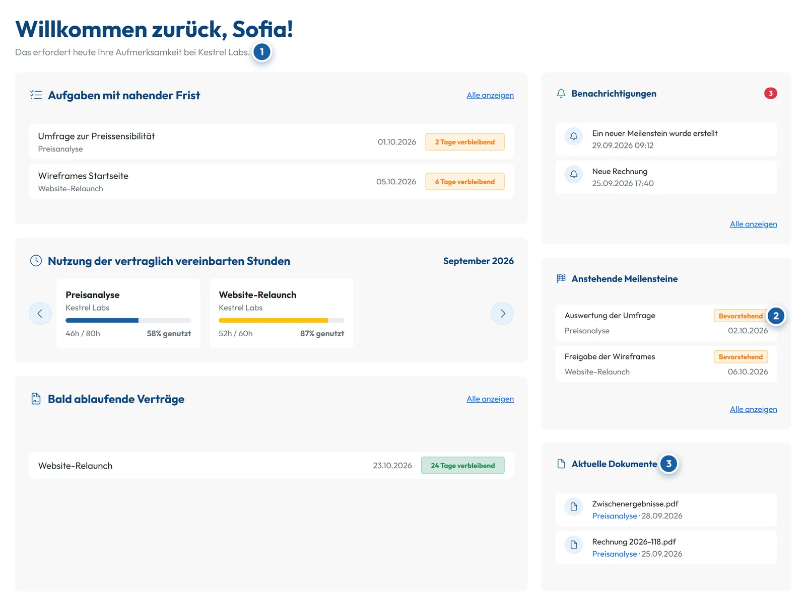 Kundenportal von GoCons.eu mit fälligen Aufgaben, vertraglich vereinbarten Stunden, Meilensteinen und aktuellen Dokumenten