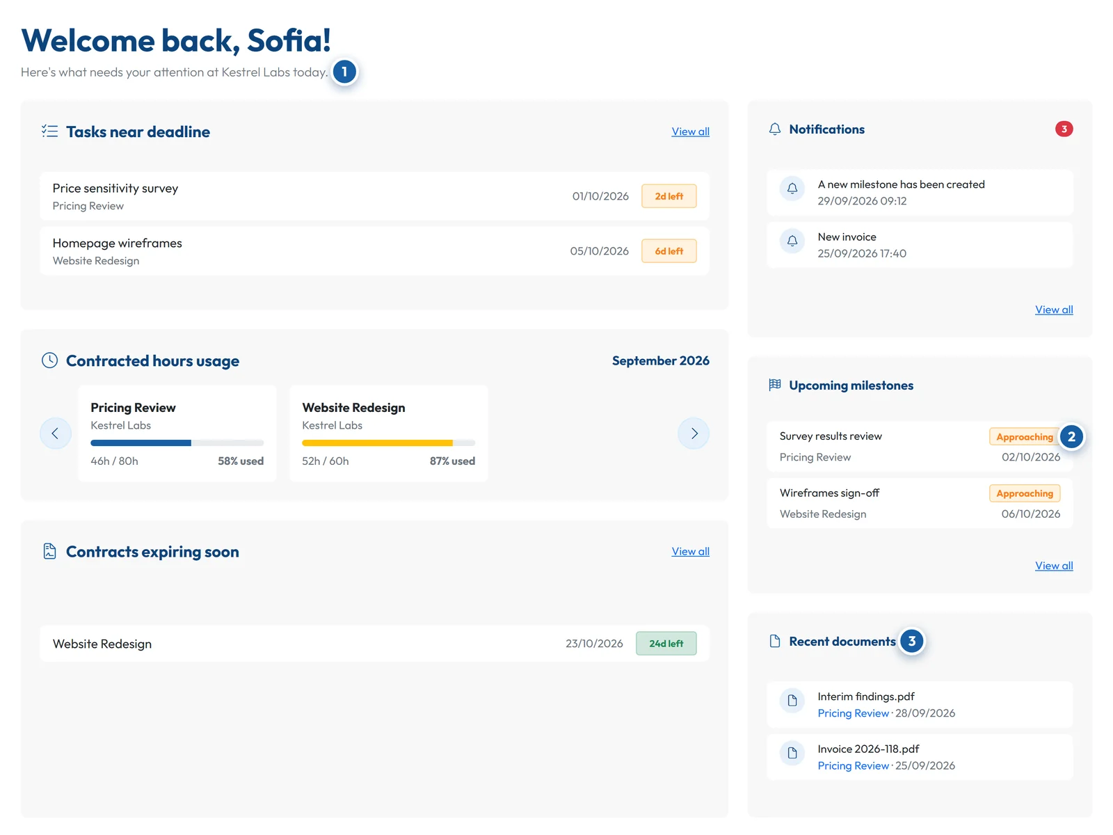 GoCons.eu client portal with tasks near deadline, contracted hours, milestones and recent documents