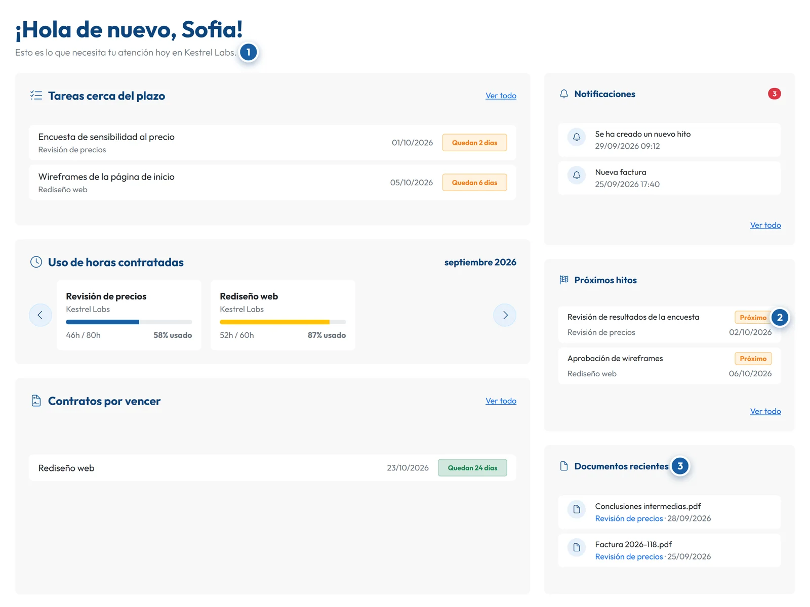 Portal de clientes de GoCons.eu con tareas próximas a vencer, horas contratadas, hitos y documentos recientes