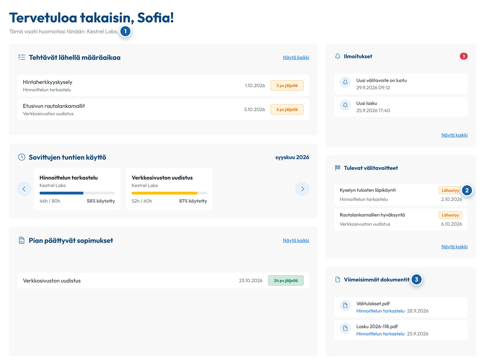 GoCons.eu-asiakasportaali, jossa näkyvät lähestyvät tehtävät, sovitut tunnit, välitavoitteet ja viimeisimmät dokumentit