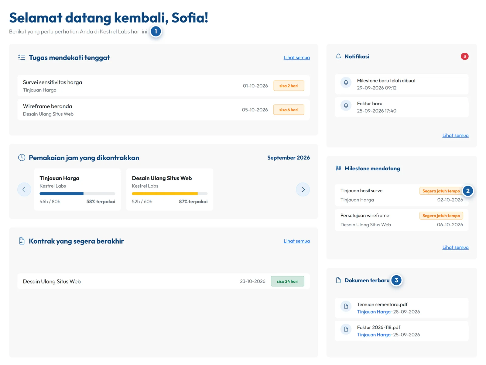 Portal klien GoCons.eu dengan tugas yang mendekati tenggat, jam kerja terkontrak, milestone, dan dokumen terbaru